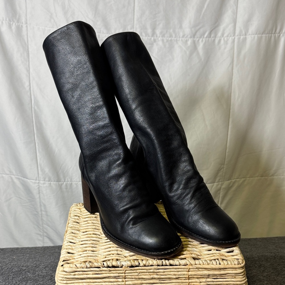 Elle Black Leather Mid-Calf Block‎ Heel Boots • Made in Portugal •